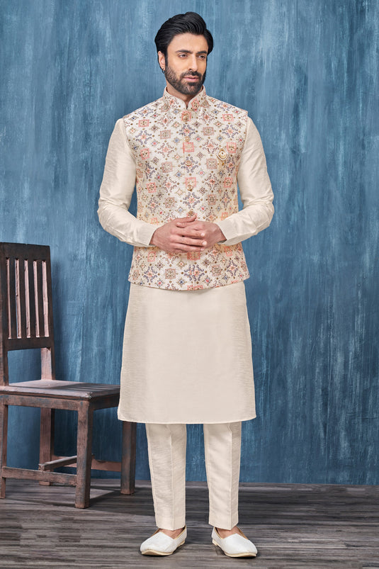 Cream Color Embroidery Work Engaging Banarasi Silk Fabric Festive Wear Readymade Kurta Pyjama For Men With Jacket