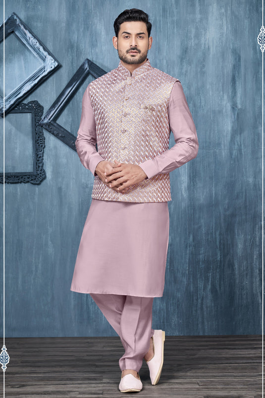 Stunning Banarasi Silk Fabric Embroidery Work Function Wear Readymade Kurta Pyjama For Men With Jacket