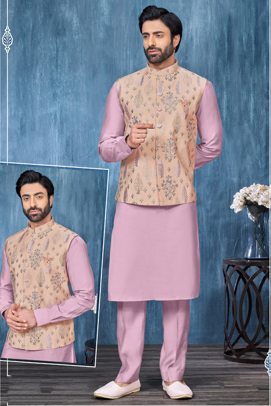 Lovely Lavender Color Festive Wear Embroidery Work Readymade Kurta Pyjama For Men With Jacket