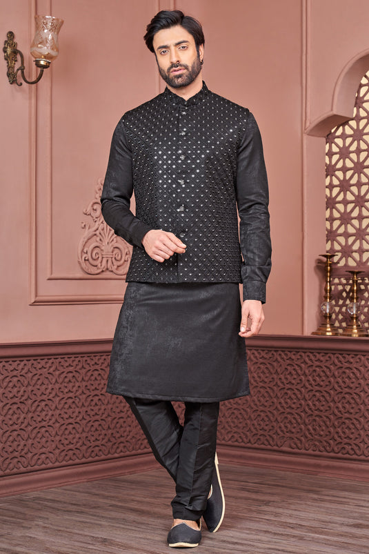 Black Color Beautiful Embroidery Work Banarasi Silk Fabric Wedding Wear Readymade Kurta Pyjama For Men With Jacket