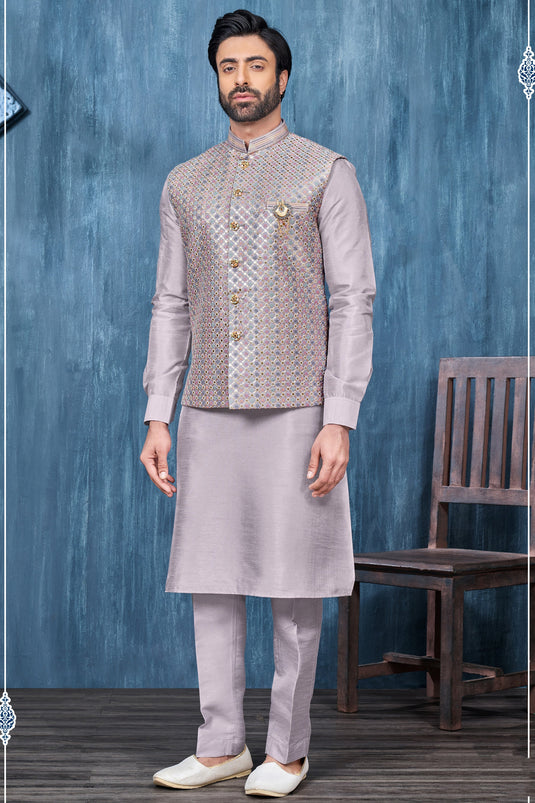 Reception Wear Purple Color Banarasi Silk Fabric Attractive Embroidery Work Readymade Kurta Pyjama For Men With Jacket