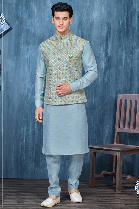 Fancy Cyan Color Banarasi Silk Fabric Function Wear Readymade Kurta Pyjama For Men With Modi Jacket Set