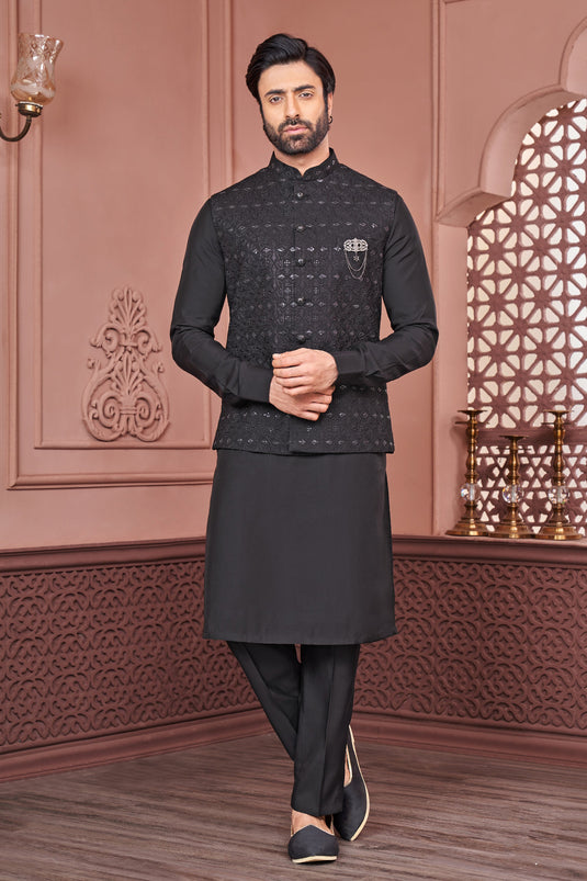 Banarasi Silk Fabric Black Color Festive Wear Readymade Men Stylish Kurta Pyjama With Nehru Jacket set