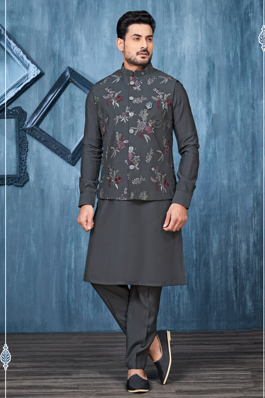 Banarasi Silk Grey Color Wedding Wear Readymade Designer Men Kurta Pyjama With Modi Jacket