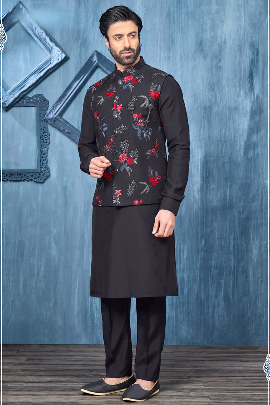 Gorgeous Banarasi Silk Fabric Reception Wear Readymade Kurta Pyjama For Men With Nehru Jacket