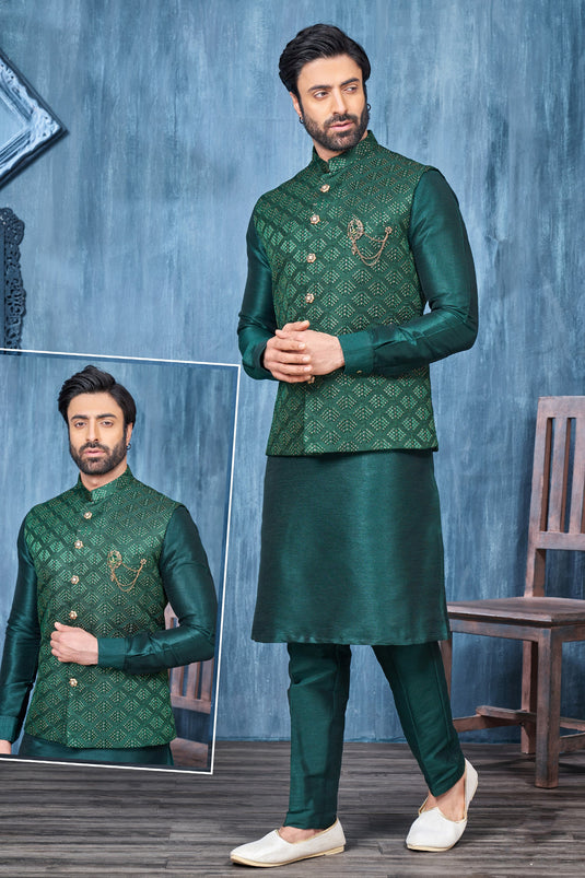 Stunning Green Color Function Wear Readymade Men Kurta Pyjama With Jacket