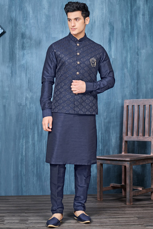 Blue Color Banarasi Silk Festive Wear Readymade Lovely Kurta Pyjama For Men With Jacket
