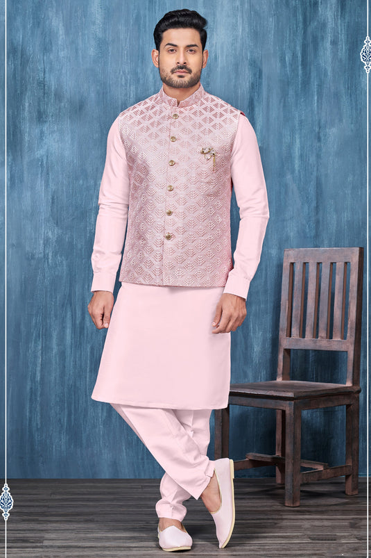 Gorgeous Pink Color Banarasi Silk Fabric Function Wear Readymade Kurta Pyjama For Men With 3 Pcs Jacket Set