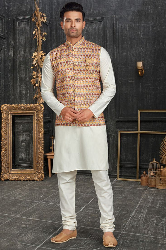 Trendy Textured Off White Color Cotton Fabric Kurta Pyjama With Jacket