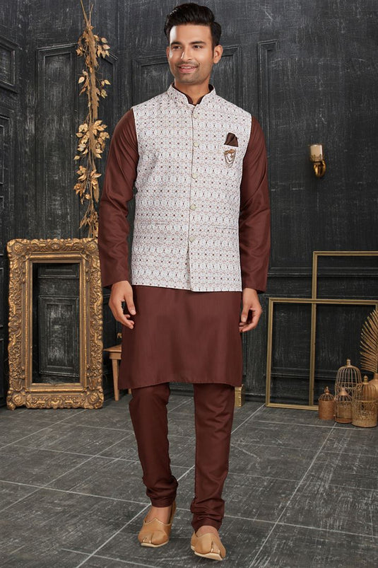 Brown Color Cotton Fabric Engrossing Kurta Pyjama With Jacket