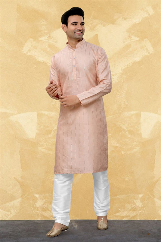 Stunning Peach Color Readymade Men Kurta