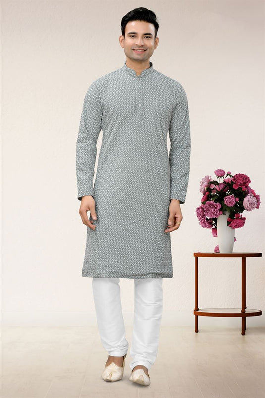 Grey Color Georgette Fabric Lucknowi Work Readymade Lovely Kurta For Men