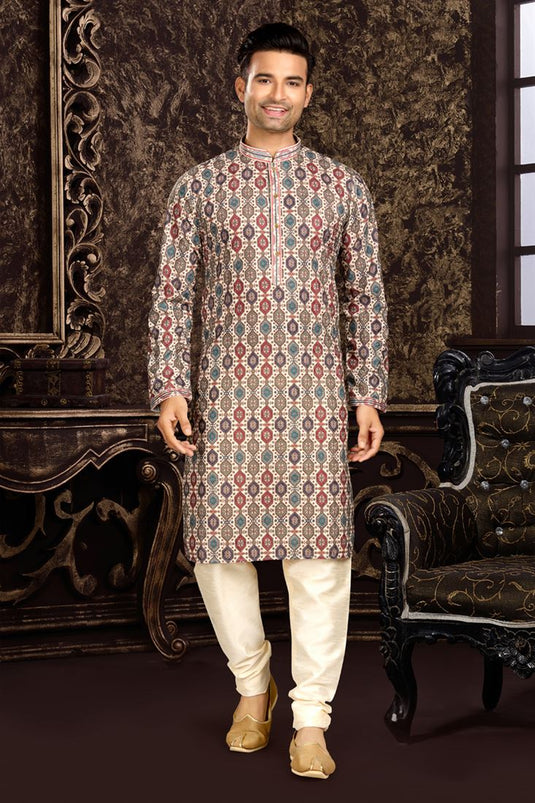 Multi Color Cotton Fabric Printed Trendy Readymade Kurta For Men