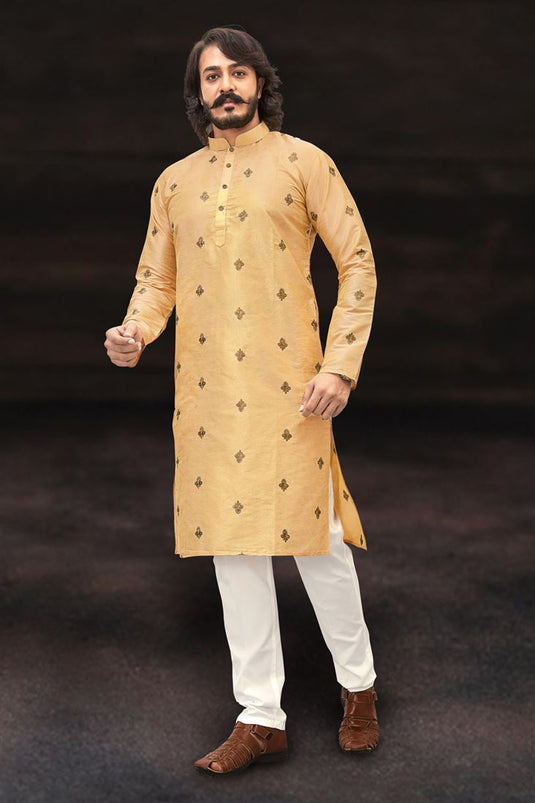 Beige Color Art Silk Fabric Sangeet Wear Readymade Kurta Pyjama For Men