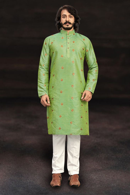 Sea Green Color Art Silk Fabric Reception Wear Readymade Kurta Pyjama For Men