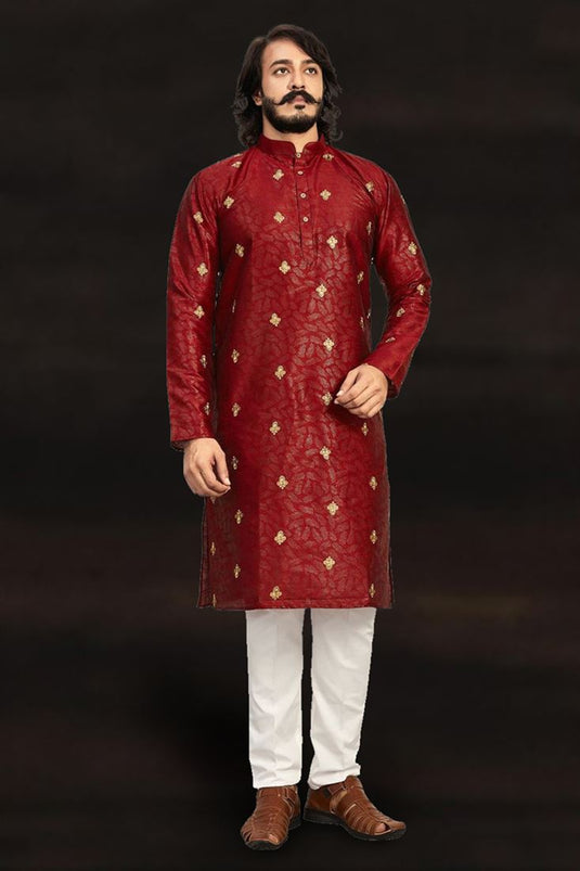 Maroon Color Art Silk Fabric Function Wear Readymade Kurta Pyjama For Men