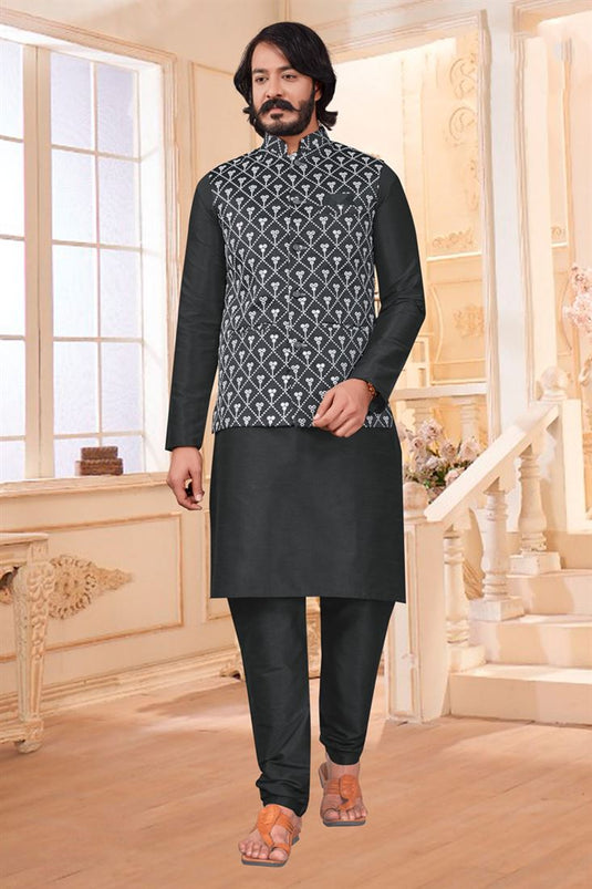 Engaging Grey Color Art Silk Fabric Festive Wear Readymade Kurta Pyjama With Stylish Jacket