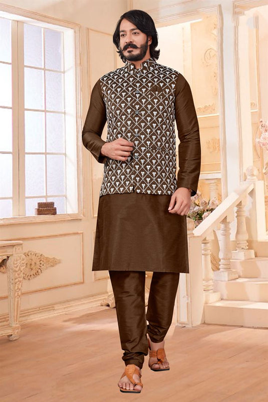 Captivating Brown Color Art Silk Fabric Sangeet Wear Readymade Kurta Pyjama With Trendy Jacket