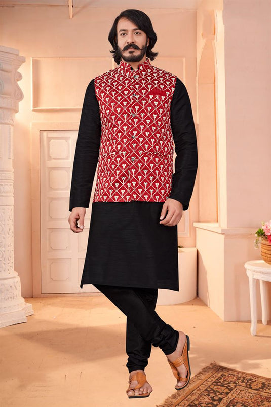 Striking Black Color Art Silk Fabric Function Wear Readymade Kurta Pyjama With Stylish Jacket