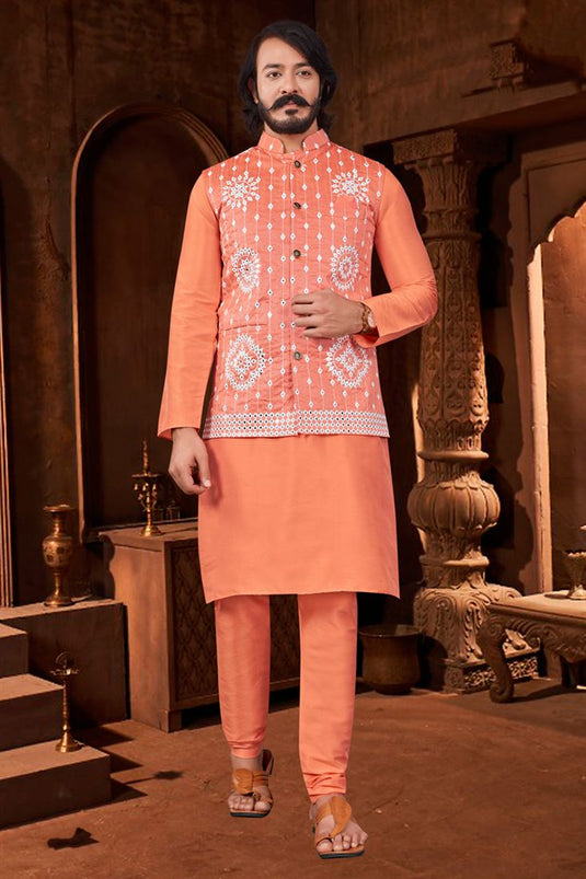 Alluring Peach Color Art Silk Fabric Sangeet Wear Readymade Kurta Pyjama With Trendy Jacket