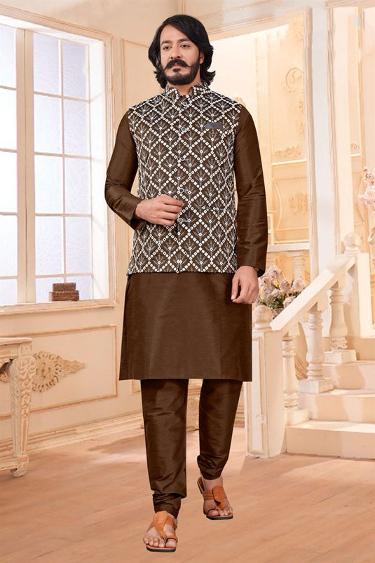 Striking Brown Color Art Silk Fabric Sangeet Wear Readymade Kurta Pyjama With Trendy Jacket