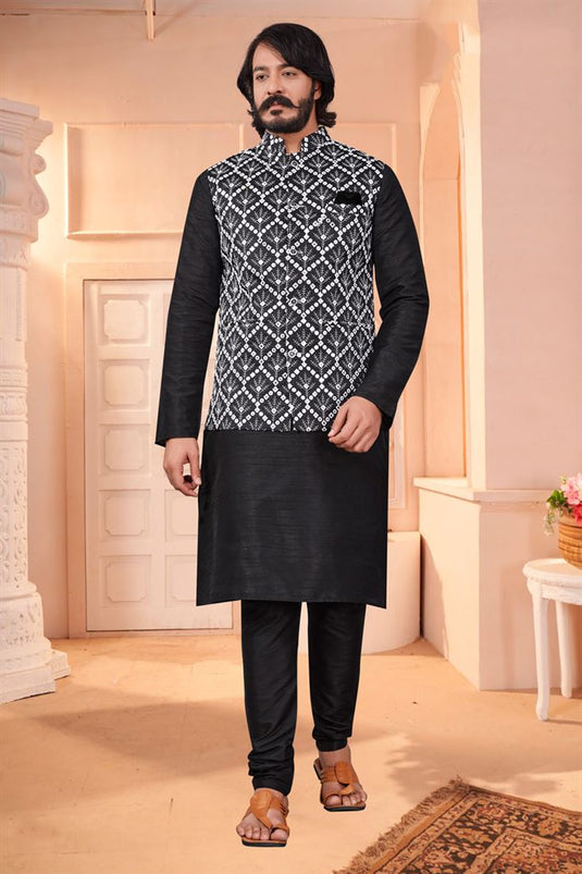 Lovely Black Color Art Silk Fabric Reception Wear Readymade Kurta Pyjama With Fancy Jacket