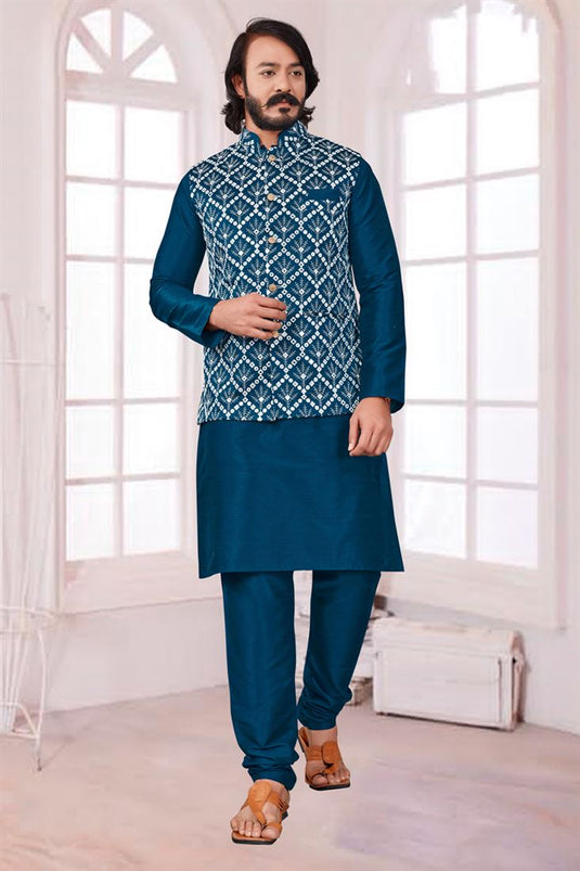 Beautiful Teal Color Art Silk Fabric Festive Wear Readymade Kurta Pyjama With Trendy Jacket