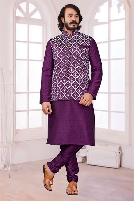 Attractive Purple Color Art Silk Fabric Sangeet Wear Readymade Kurta Pyjama With Designer Jacket