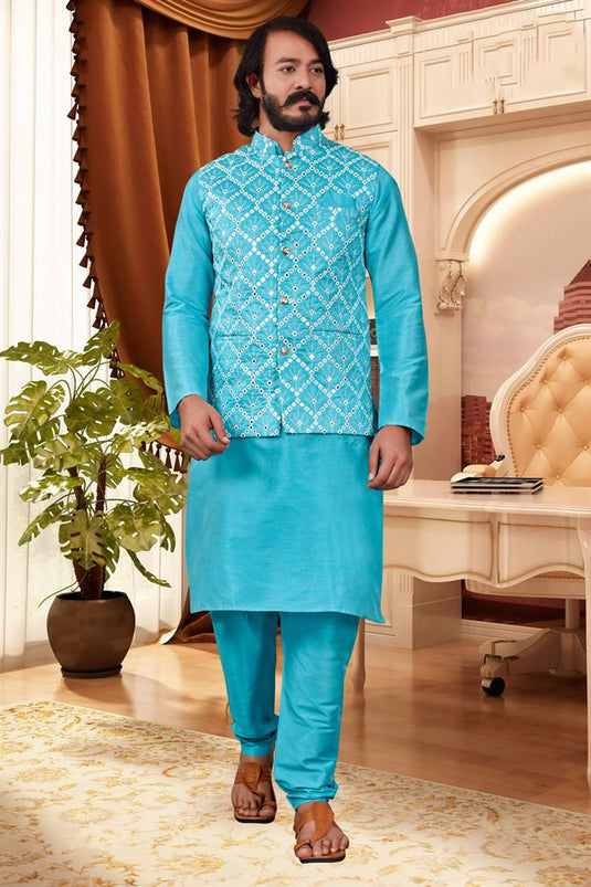 Enriching Cyan Color Art Silk Fabric Wedding Wear Readymade Kurta Pyjama With Fancy Jacket