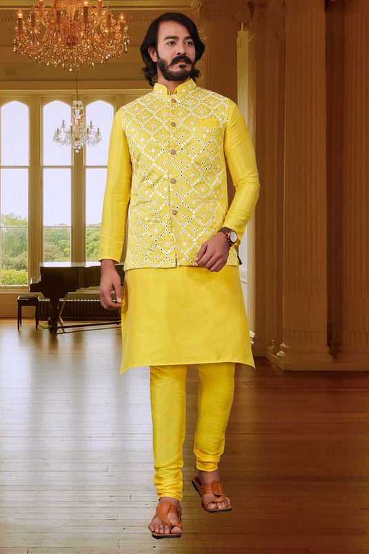 Splendiferous Yellow Color Art Silk Fabric Reception Wear Readymade Kurta Pyjama With Stylish Jacket