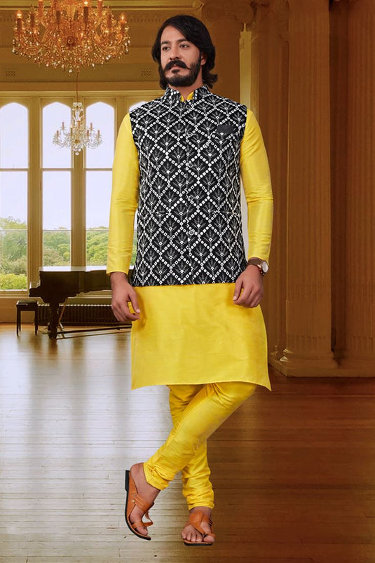 Majestic Yellow Color Art Silk Fabric Function Wear Readymade Kurta Pyjama With Trendy Jacket