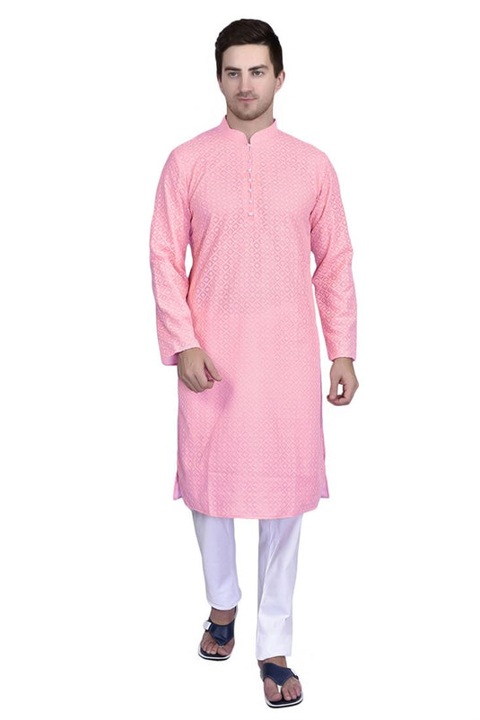 Pink Georgette Fabric Sangeet Wear Trendy Readymade Kurta Pyjama For Men