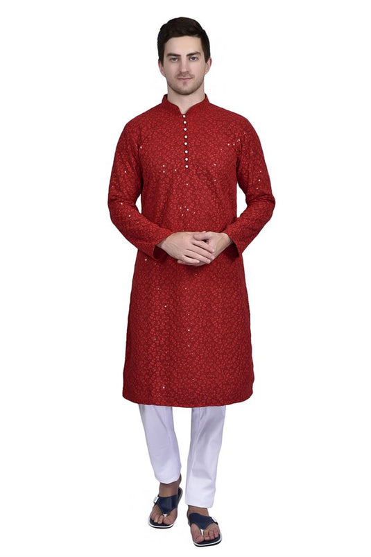 Engaging Red Color Georgette Fabric Festive Wear Kurta Pyjama For Men