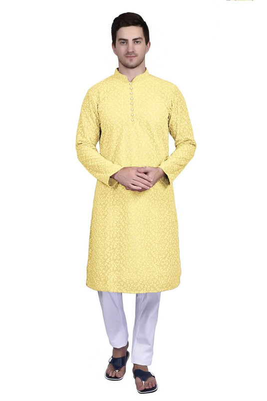 Fetching Yellow Color Georgette Fabric Wedding Wear Kurta Pyjama For Men
