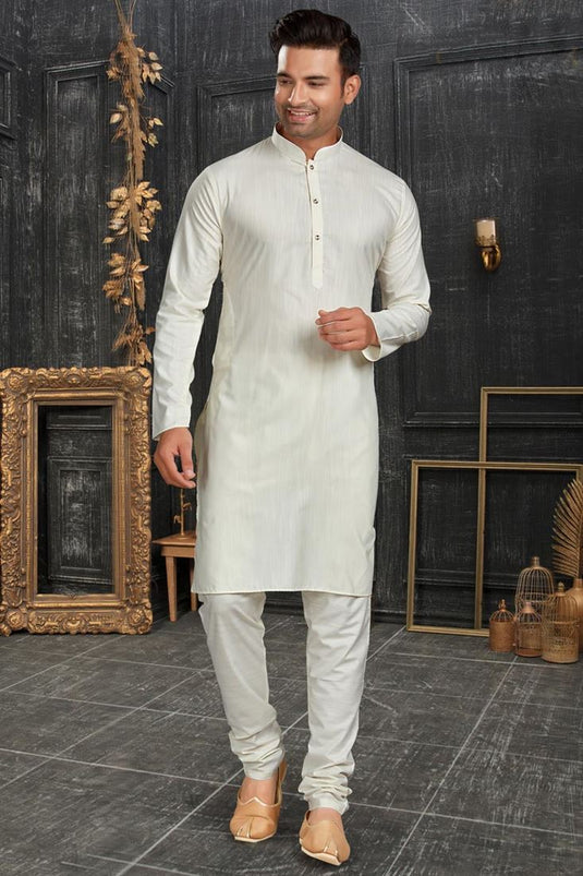 Reception Wear Attractive Readymade Men Kurta Pyjama In White Color