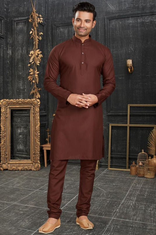 Brown Color Reception Wear Readymade Cotton Fabric Kurta Pyjama For Men