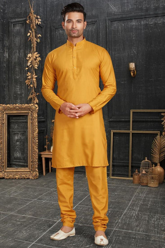 Mustard Color Sangeet Wear Cotton Fabric Designer Readymade Kurta Pyjama For Men