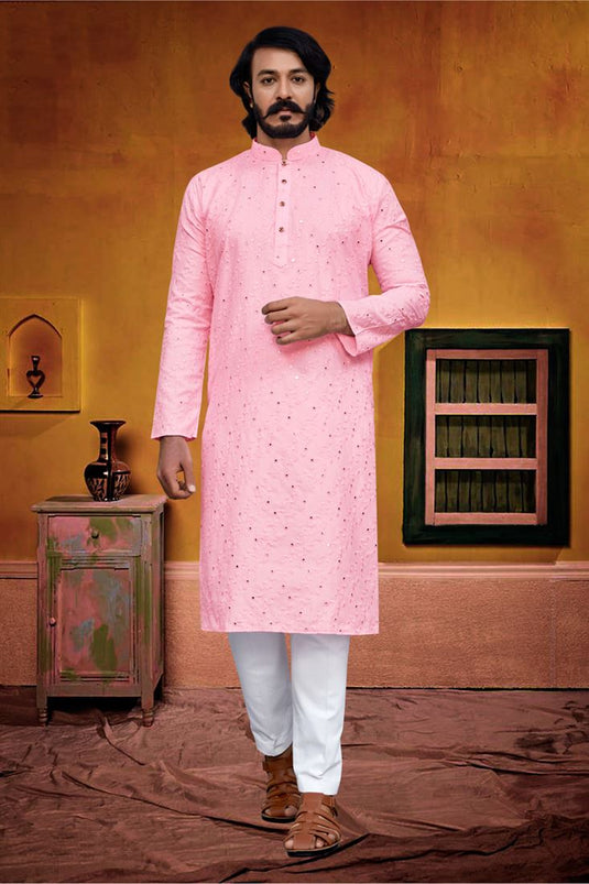Pink Art Silk Fabric Sangeet Wear Trendy Readymade Kurta Pyjama For Men