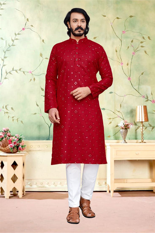 Art Silk Red Color Wedding Wear Readymade Designer Men Kurta Pyjama