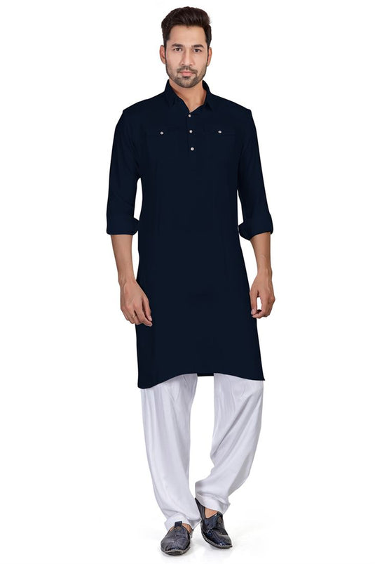 Navy Blue Color Reception Wear Readymade Cotton Fabric Pathani Style Kurta Pyjama For Men