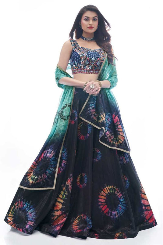 Embroidered Work Navy Blue Color Chiffon Fabric Appealing Lehenga