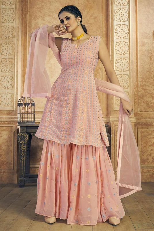 Peach Color Function Wear Sequins Work Palazzo Suit