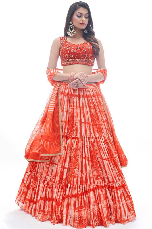 Embellished Thread Embroidered Work On Rust Color Function Wear Lehenga In Jacquard Fabric