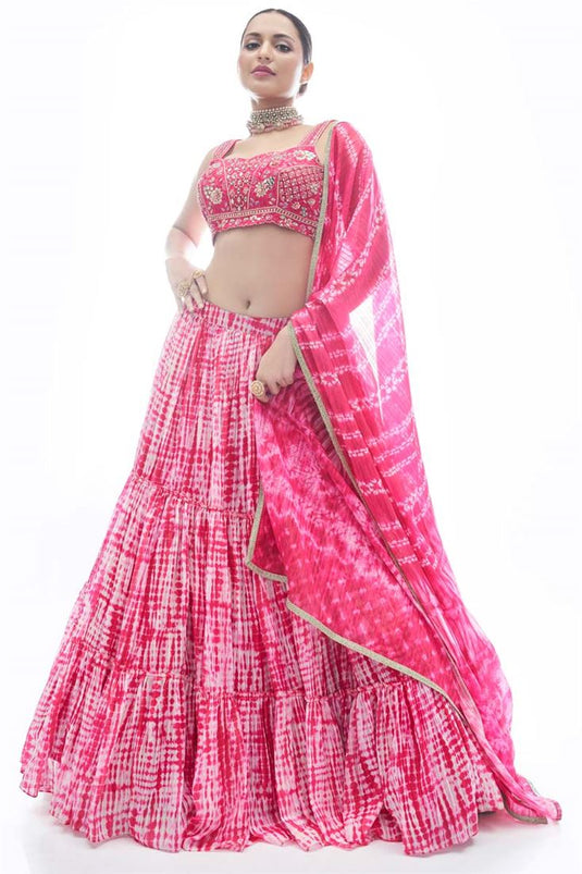 Jacquard Fabric Function Wear Lehenga In Pink Color With Inventive Thread Embroidered Work