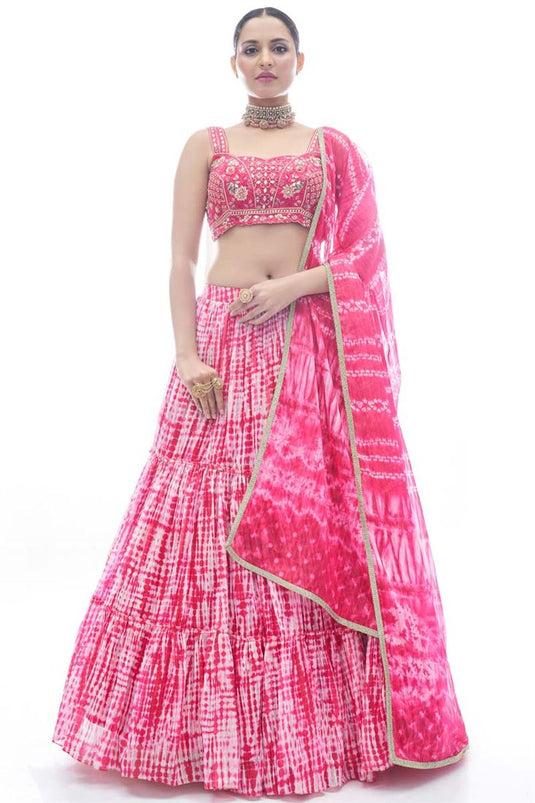 Jacquard Fabric Function Wear Lehenga In Pink Color With Inventive Thread Embroidered Work