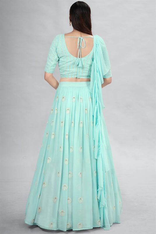 Dazzling Sea Green Color Sequins Work Lehenga In Georgette Fabric