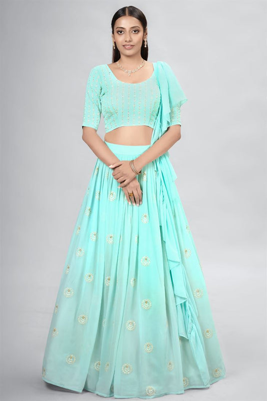 Dazzling Sea Green Color Sequins Work Lehenga In Georgette Fabric