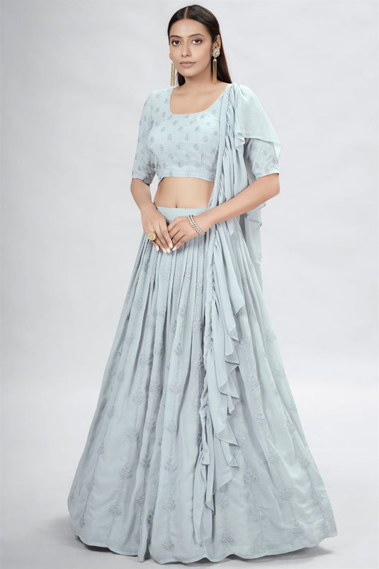 Radiant Grey Color Georgette Fabric Sequins Work Lehenga