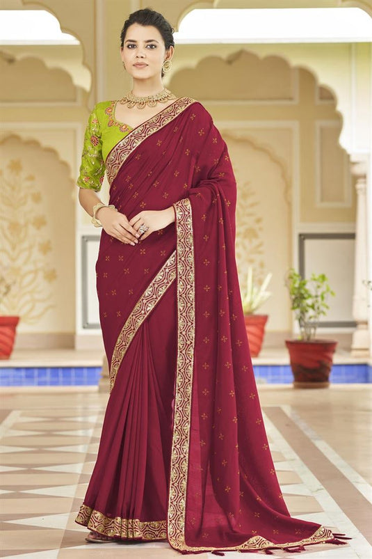 Red Color Fantastic Fancy Fabric Saree With Border Work