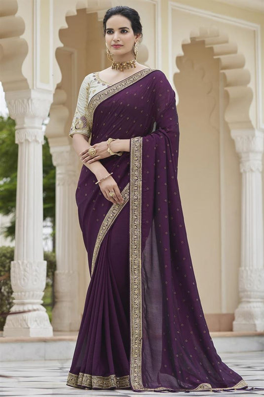Border Work On Purple Color Beatific Fancy Fabric Saree